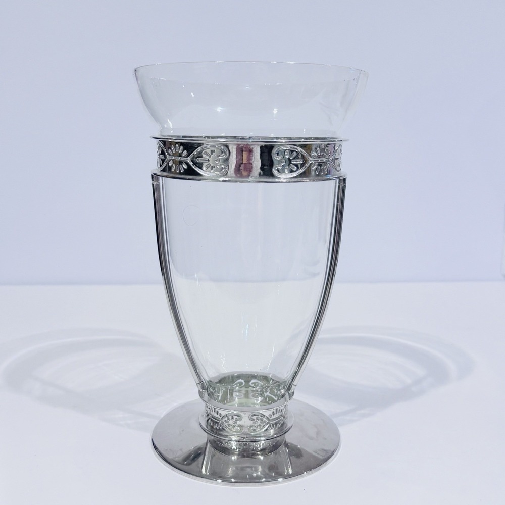 Vintage FTD Silver Plated Clear Glass 9" Pedestal Vase W Original Maker Sticker